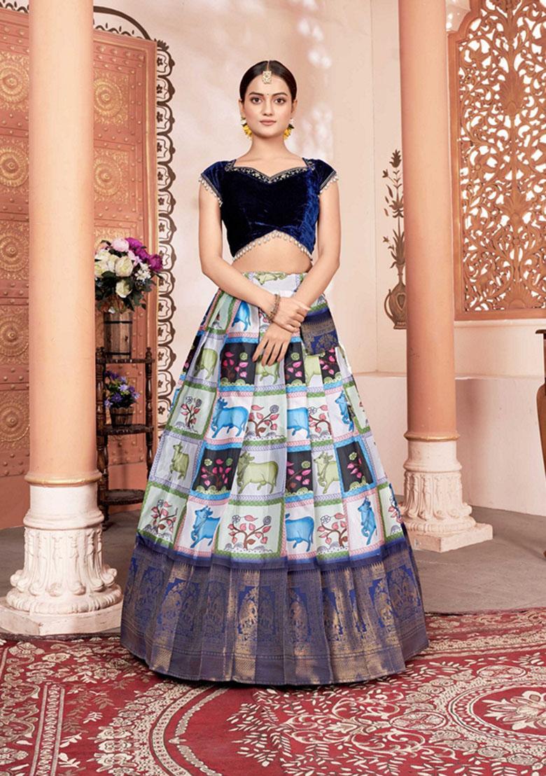 Blue Printed Jacquard Lichi Silk Lehenga Set