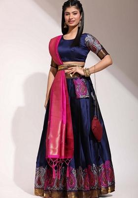 Blue Jacquard Work Lichi Silk Lehenga Set