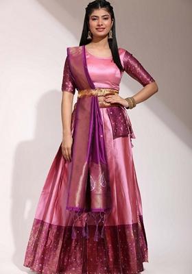 Pink Jacquard Work Lichi Silk Lehenga Set