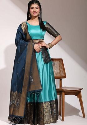 Blue Jacquard Work Lichi Silk Lehenga Set