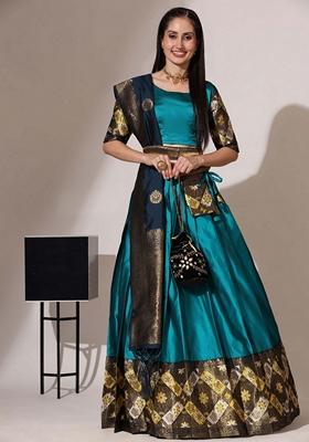 Blue Jacquard Work Lichi Silk Lehenga Set