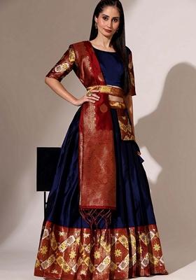 Blue Jacquard Work Lichi Silk Lehenga Set