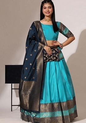 Blue Jacquard Work Lichi Silk Lehenga Set
