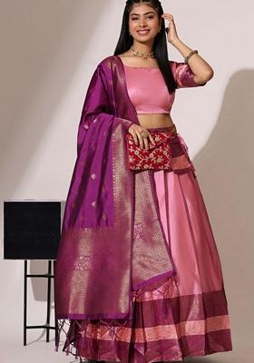 Pink Jacquard Work Lichi Silk Lehenga Set