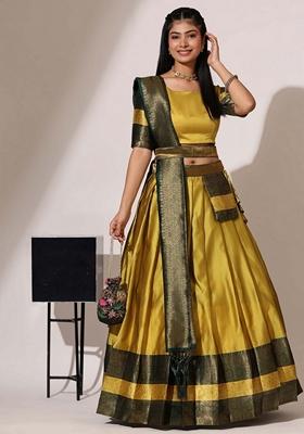 Yellow Jacquard Work Lichi Silk Lehenga Set