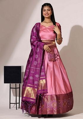 Pink Jacquard Work Lichi Silk Lehenga Set