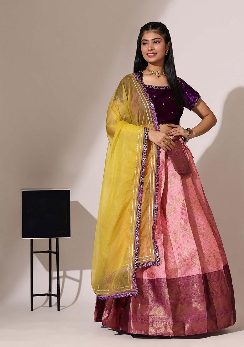 Pink Jacquard Work Lichi Silk Lehenga Set