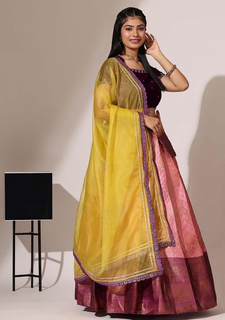 Pink Jacquard Work Lichi Silk Lehenga Set