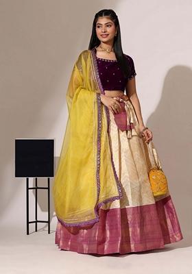 Yellow Jacquard Work Lichi Silk Lehenga Set