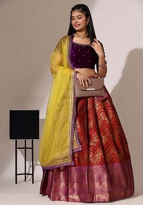 Red Jacquard Work Lichi Silk Lehenga Set
