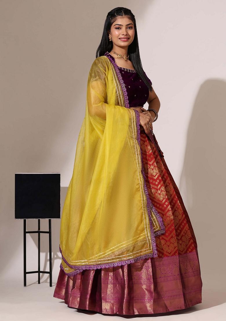 Red Jacquard Work Lichi Silk Lehenga Set