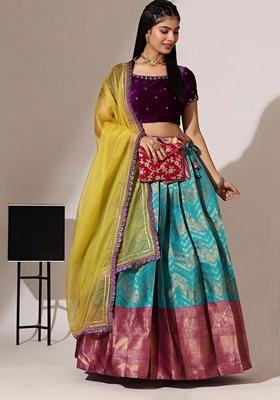 Blue Jacquard Work Lichi Silk Lehenga Set