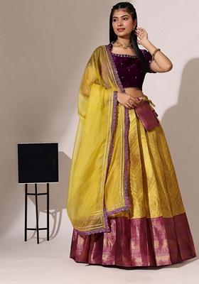 Yellow Jacquard Work Lichi Silk Lehenga Set