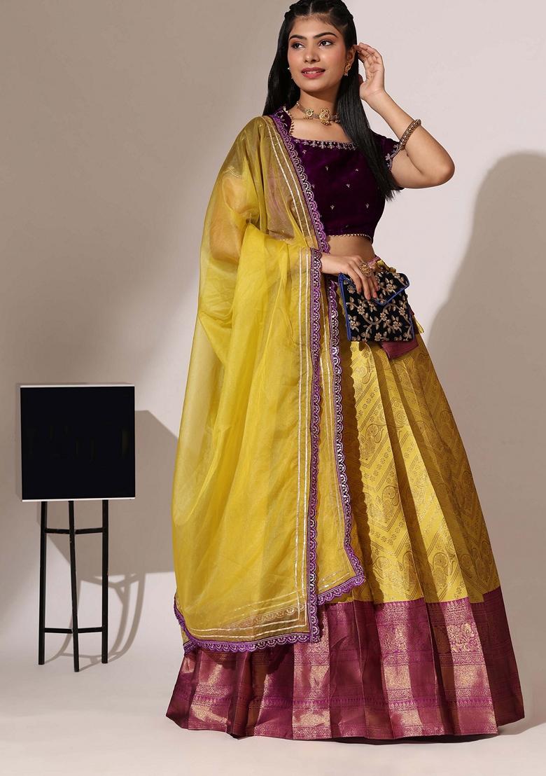 Yellow Jacquard Work Lichi Silk Lehenga Set