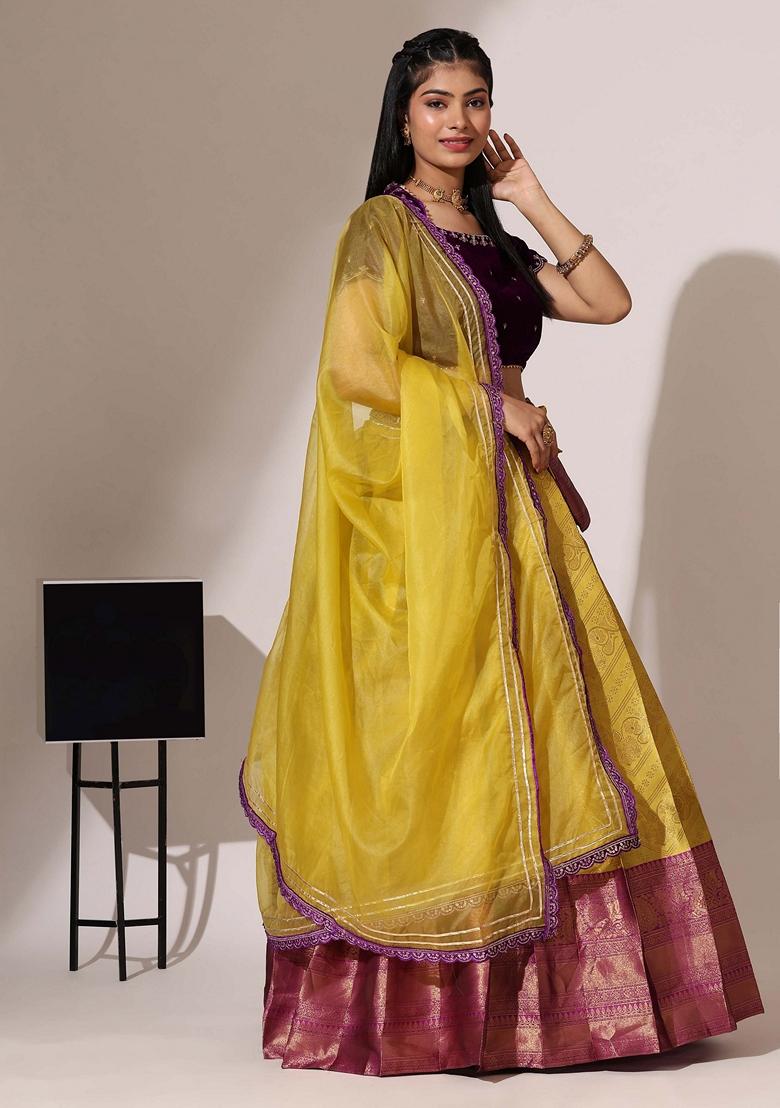 Yellow Jacquard Work Lichi Silk Lehenga Set
