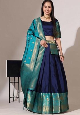 Blue Jacquard Work Lichi Silk Lehenga Set