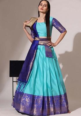 Blue Jacquard Work Lichi Silk Lehenga Set