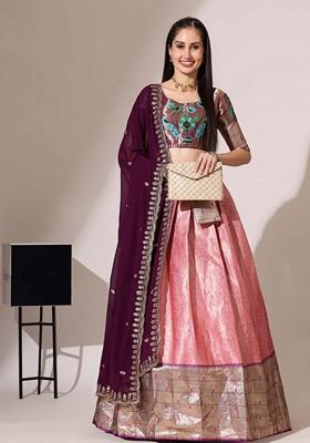 Pink Jacquard Work Lichi Silk Lehenga Set