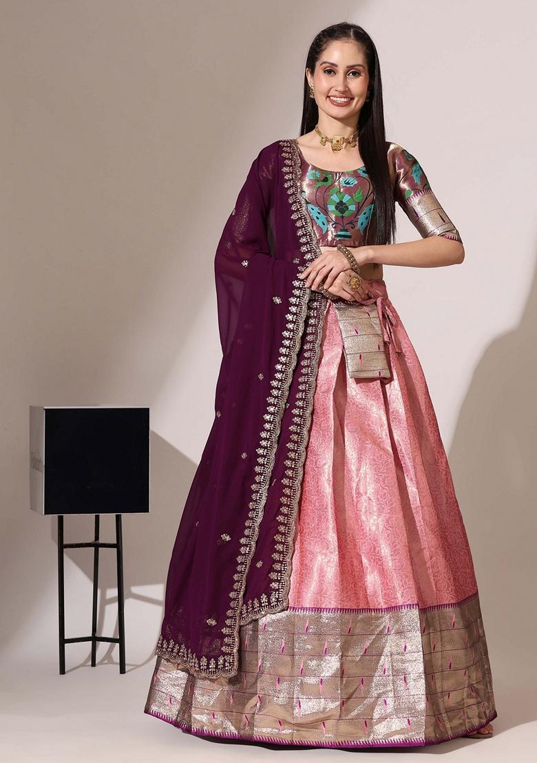 Pink Jacquard Work Lichi Silk Lehenga Set