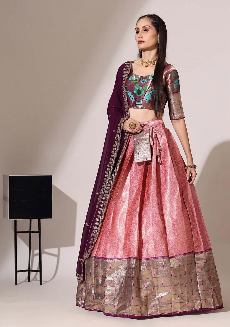 Pink Jacquard Work Lichi Silk Lehenga Set