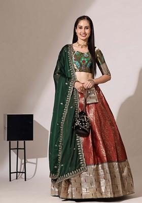 Red Jacquard Work Lichi Silk Lehenga Set