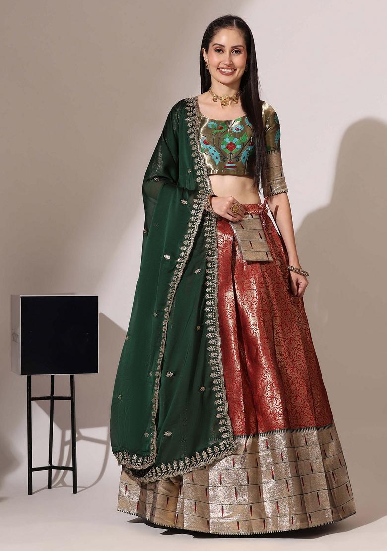 Red Jacquard Work Lichi Silk Lehenga Set