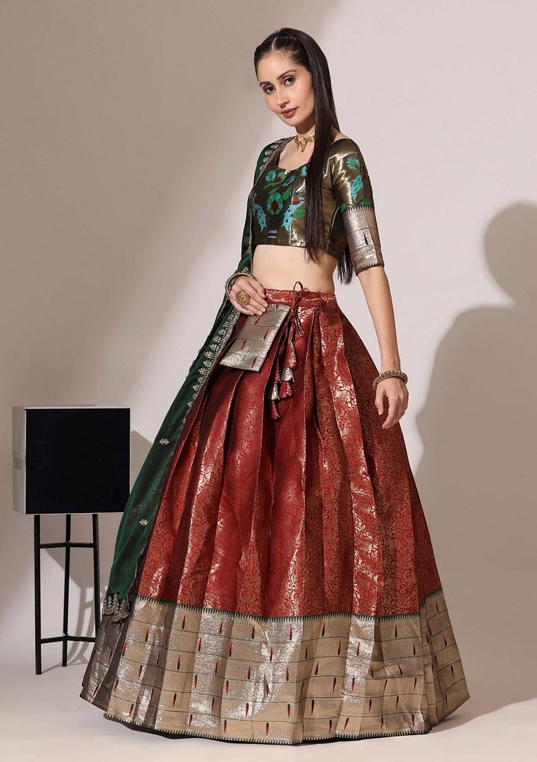 Red Jacquard Work Lichi Silk Lehenga Set