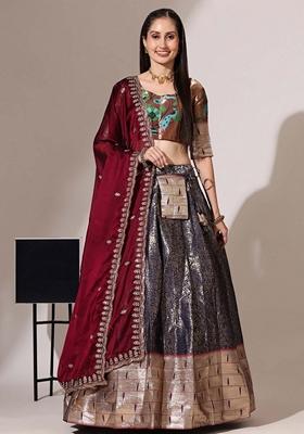 Purple Jacquard Work Lichi Silk Lehenga Set