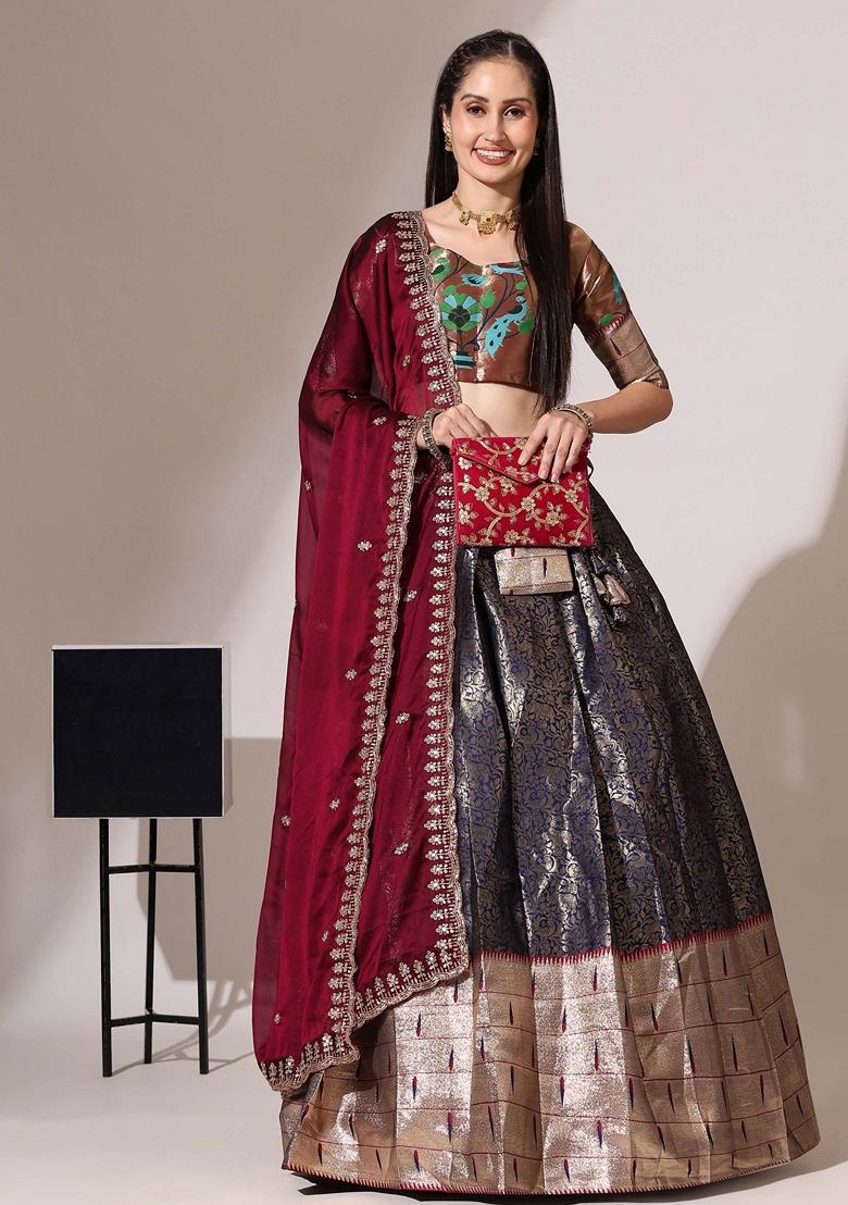 Purple Jacquard Work Lichi Silk Lehenga Set