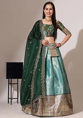 Blue Jacquard Work Lichi Silk Lehenga Set