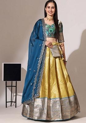 Yellow Jacquard Work Lichi Silk Lehenga Set