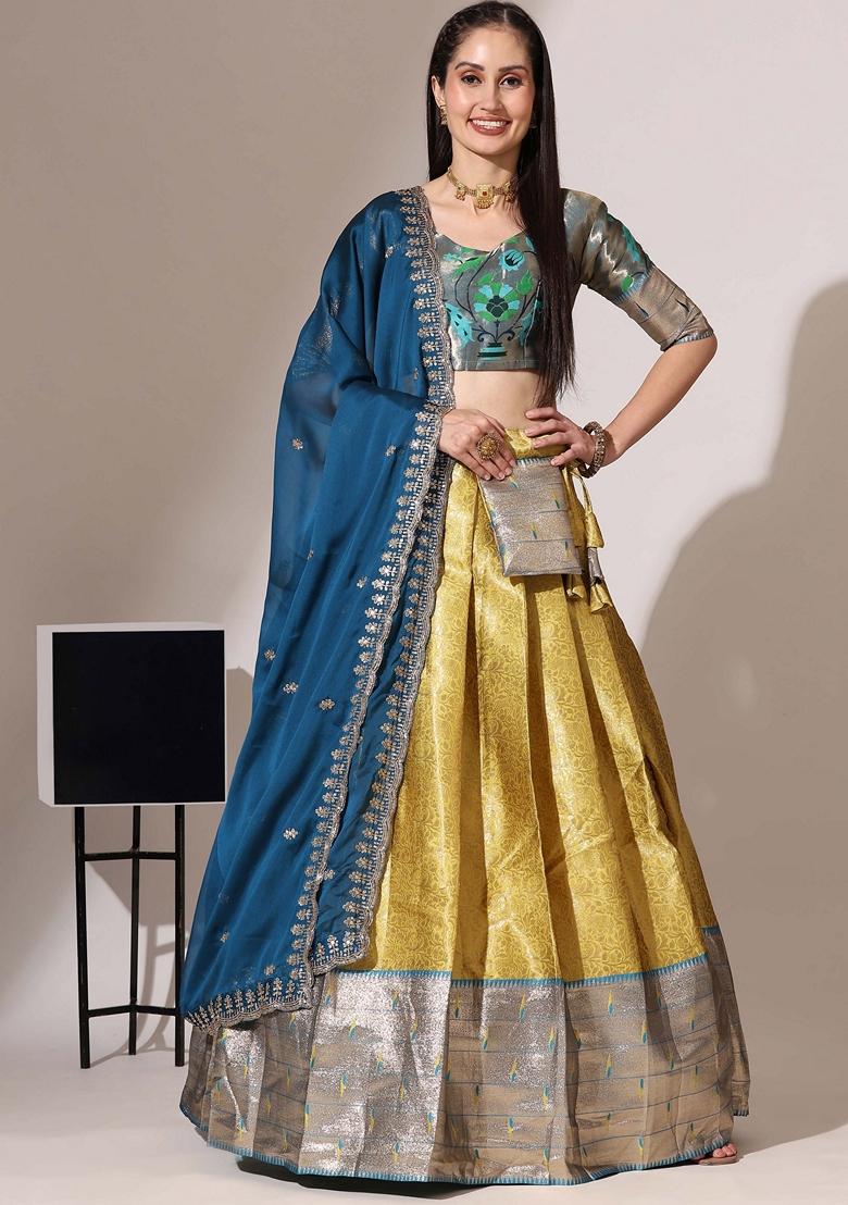 Yellow Jacquard Work Lichi Silk Lehenga Set