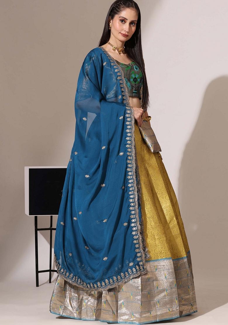 Yellow Jacquard Work Lichi Silk Lehenga Set