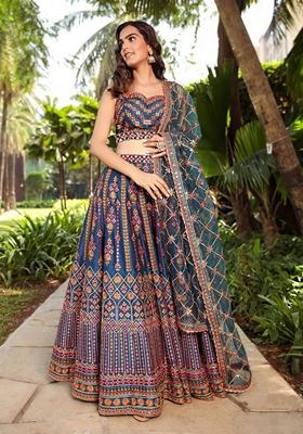 Teal Blue Sequin Thread Embroidered Chinon Lehenga Set