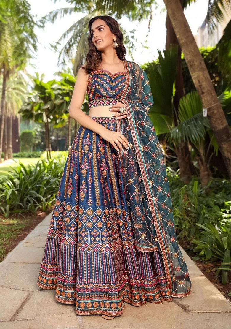 Teal Blue Sequin Thread Embroidered Chinon Lehenga Set