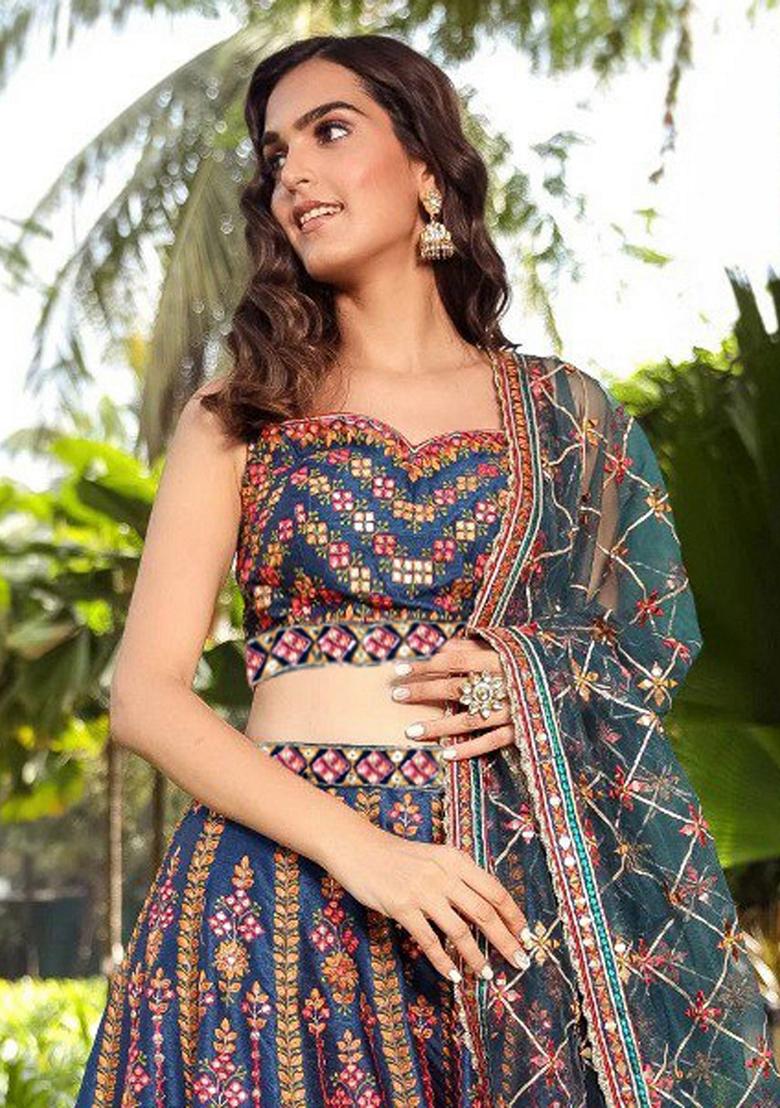 Teal Blue Sequin Thread Embroidered Chinon Lehenga Set