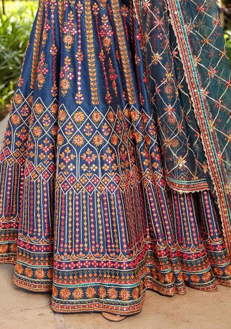 Teal Blue Sequin Thread Embroidered Chinon Lehenga Set