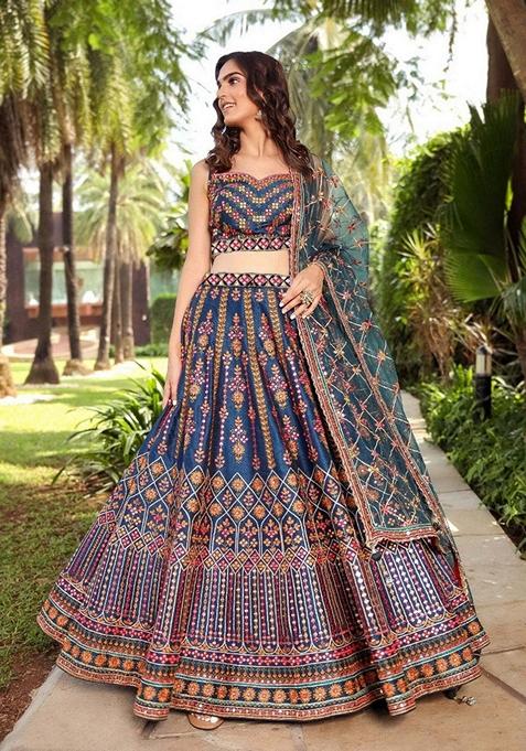 Teal Blue Sequin Thread Embroidered Chinon Lehenga Set