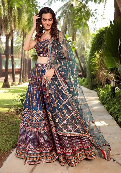 Teal Blue Sequin Thread Embroidered Chinon Lehenga Set