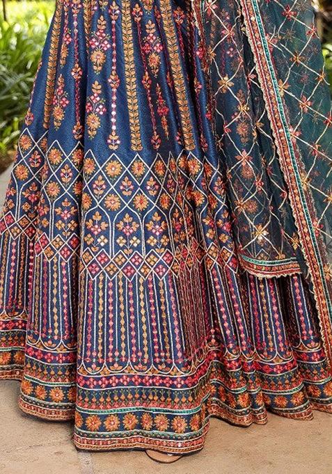 Teal Blue Sequin Thread Embroidered Chinon Lehenga Set