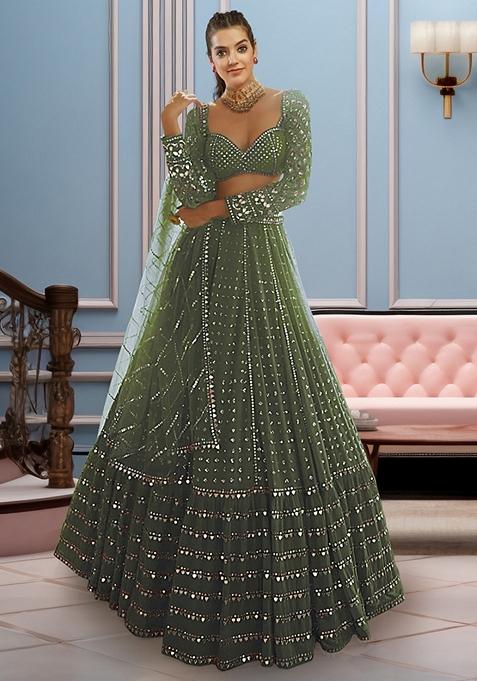 Green Sequin Thread Embroidered Faux Georgette Lehenga Set