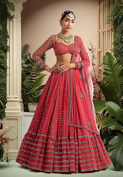 Red Sequin Thread Embroidered Faux Georgette Lehenga Set
