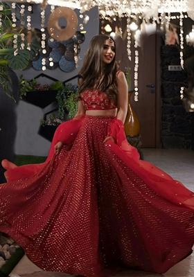 Red Sequin Thread Embroidered Faux Georgette Lehenga Set