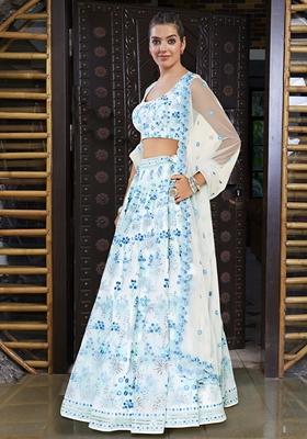 Off White Sequin Thread Embroidered Faux Georgette Lehenga Set