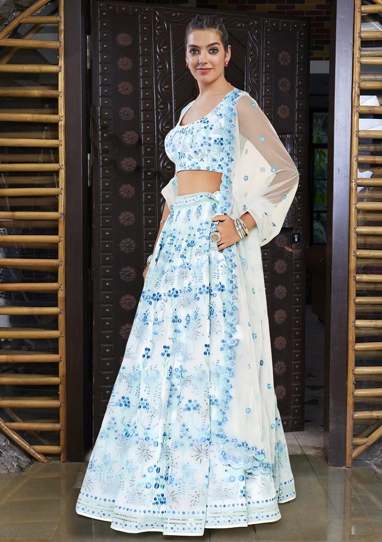 Off White Sequin Thread Embroidered Faux Georgette Lehenga Set