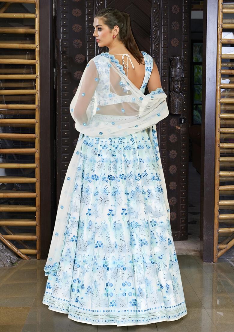 Off White Sequin Thread Embroidered Faux Georgette Lehenga Set