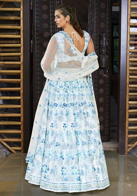 Off White Sequin Thread Embroidered Faux Georgette Lehenga Set
