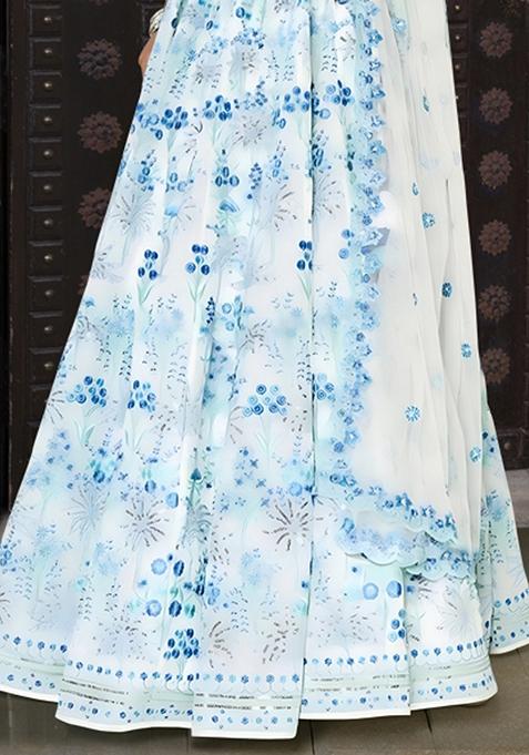 Off White Sequin Thread Embroidered Faux Georgette Lehenga Set
