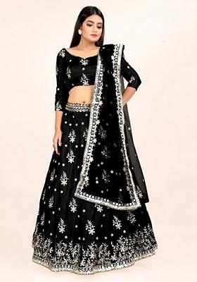 Black Sequin Thread Embroidered Art Silk Lehenga Set