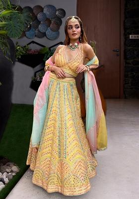 Yellow Sequin Thread Embroidered Dola Silk Lehenga Set